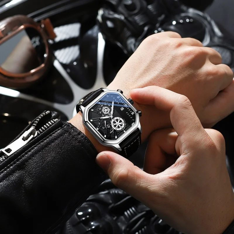 CHENXI 904 Men Quartz Watches Square Dial Wristwatch Chronograph Calendar Luminous Leather Strap Fashion Sports Men's Watch 2