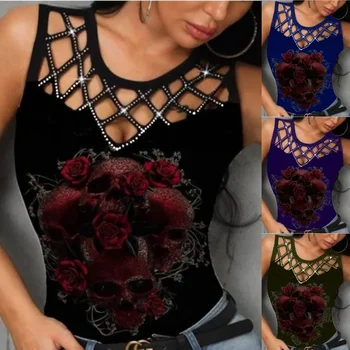 Summer New Women's T-Shirt Camouflage Print Sleeveless Fit Fashion V-Neck Lace Sexy Fashion Casual Women's Clothing 1