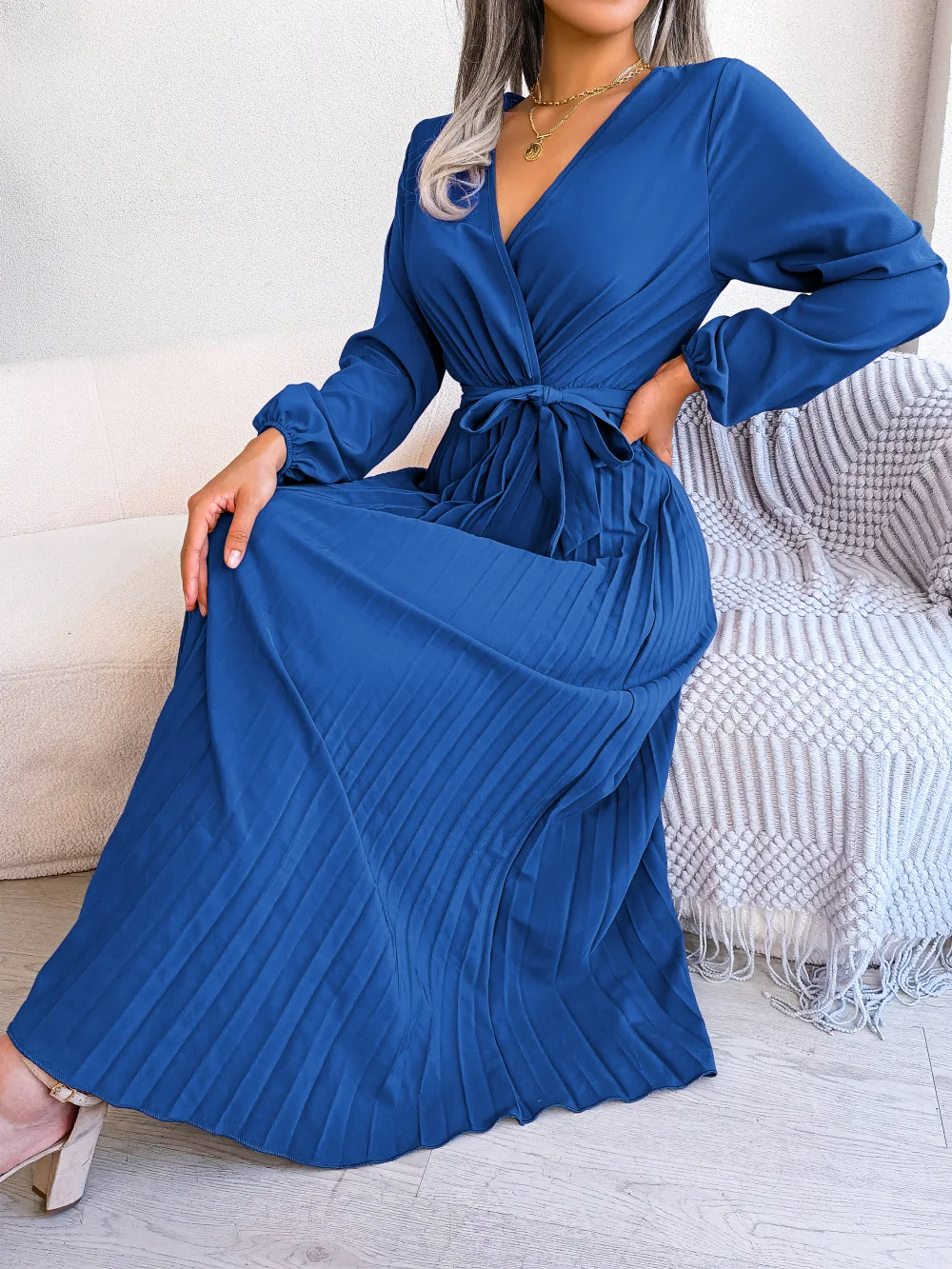 

Dress for Women 2023 Fashion Hot Selling Autumn winter Sexy and Elegant Crossed V-Neck Elegant Large Hem Pleated Long Dress