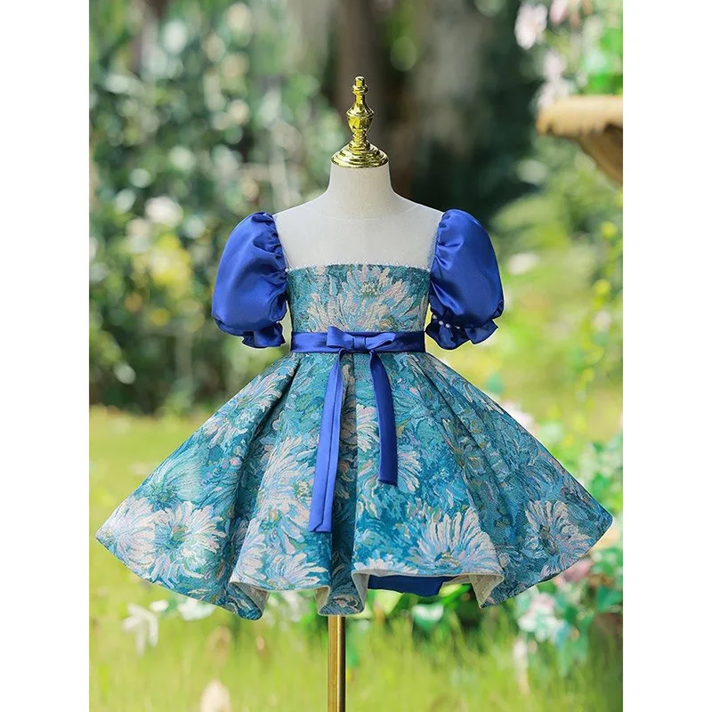 

2022 Baby Girls Blue Floral Print Birthday Dress Summer Wedding Party Dresses Princess Children's Dresses Vestidos