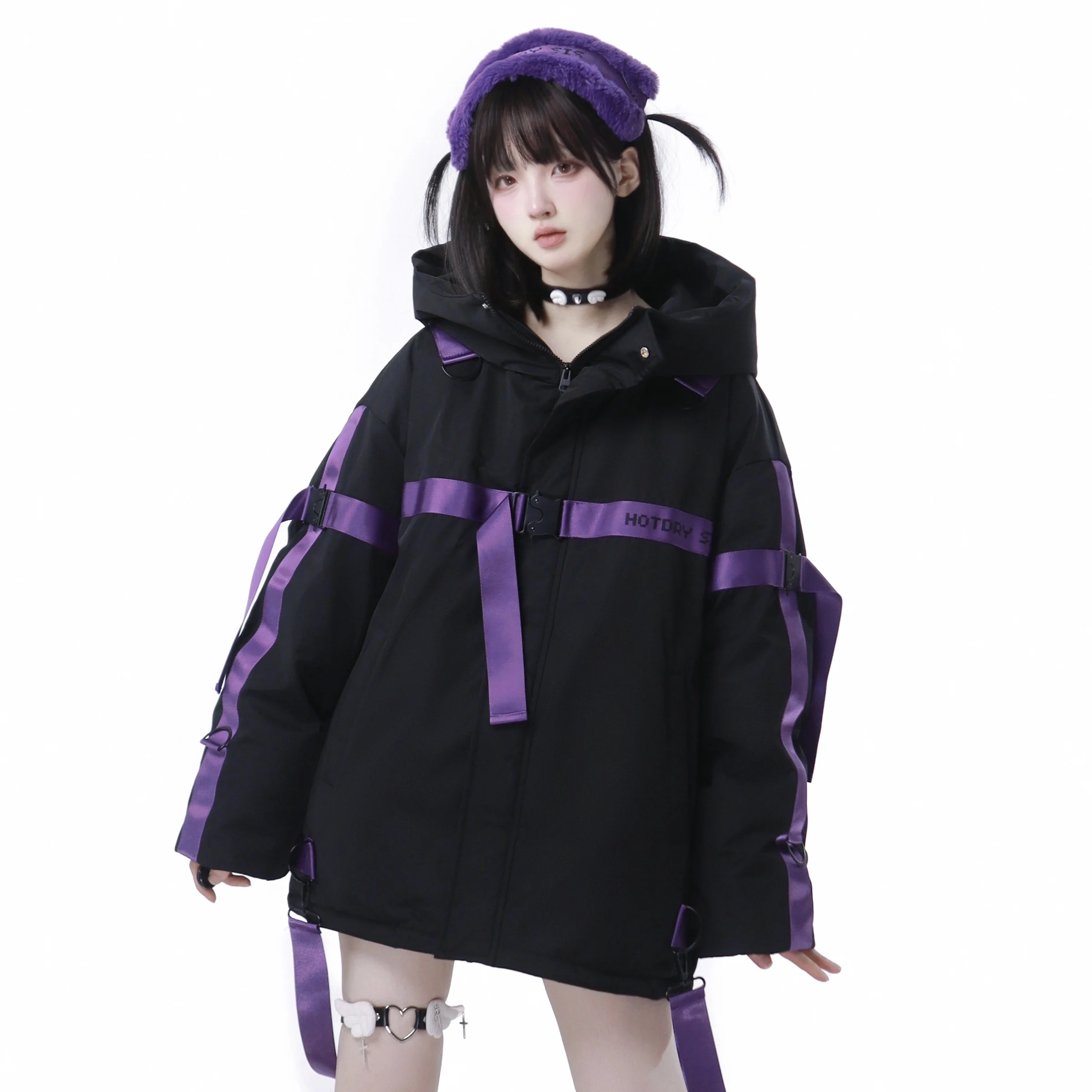 Japanese Style Lolita Style Down Jacket Female Student Autumn Winter Stand Collar Hooded 3d Decoration Zipper Thermal Coat Women