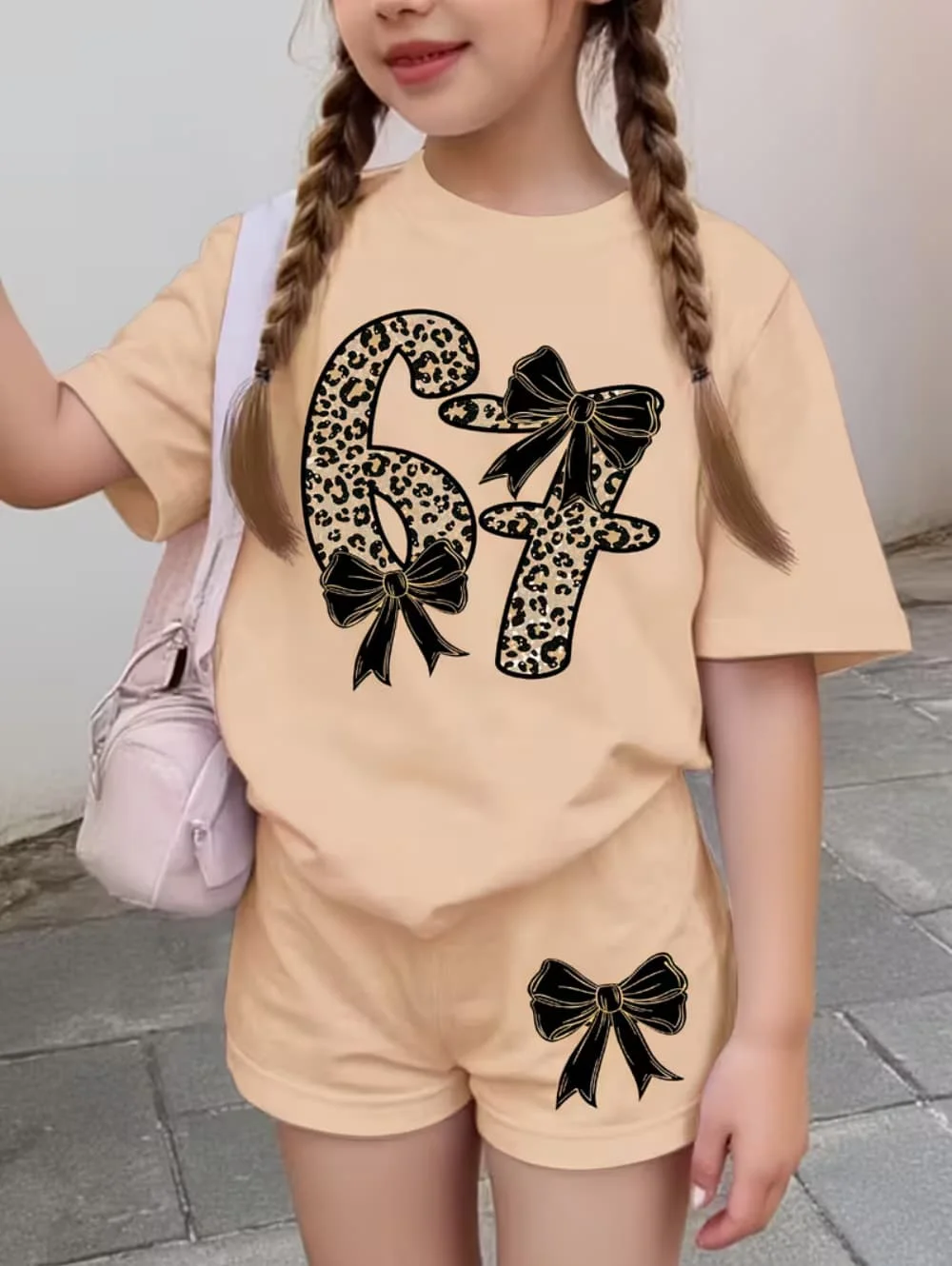 Lustiges Six Seven Italian Brainrot 67 Leopardenmuster Kinder Kurzarm-Anzug Kinderkleidung T-Shirt + Shorts 2-teiliges Set Mädchenkleidung