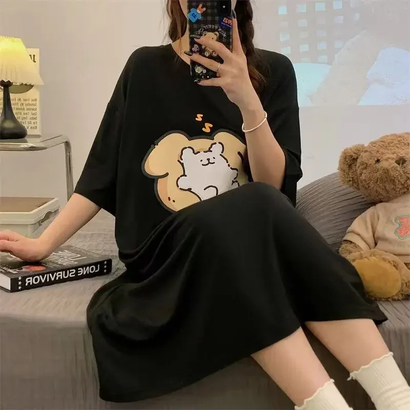 Women Large Size Short-sleeved Lazy T-shirt Skirt Korean Cute Cartoon Pajamas Students Sleepwear 150kg Fat Mm Loose Home Dress women pajamas,sleeping dress
