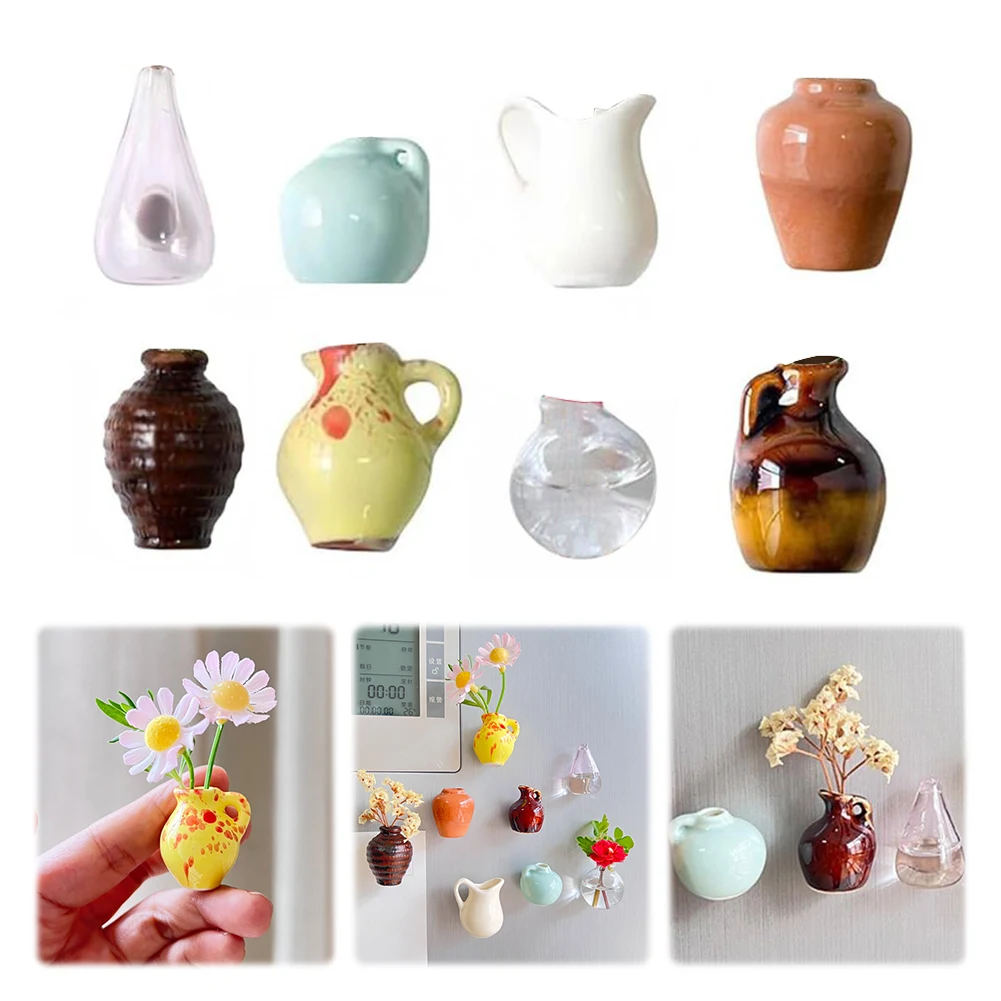 8pcs Cute Ceramic Vase Refrigerator Magnets 3D Refrigerator Stickers Decoration for Kitchen Office Whiteboard