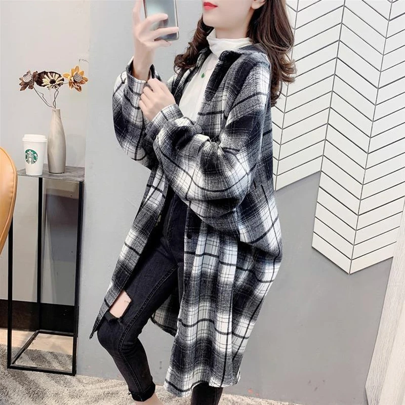 Vintage Loose Plaid Blouse Spring Autumn New Polo Neck Long Sleeve All-match Trend Shirt Tops Casual Fashion Women Clothing