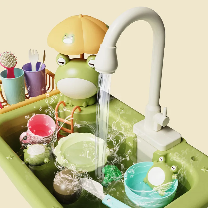 Children'S Kitchen Toy Girl Play House Little Frog Yellow Duck Dishwasher Electric Cycle Water Sink Dish Basin Birthday Gift 3