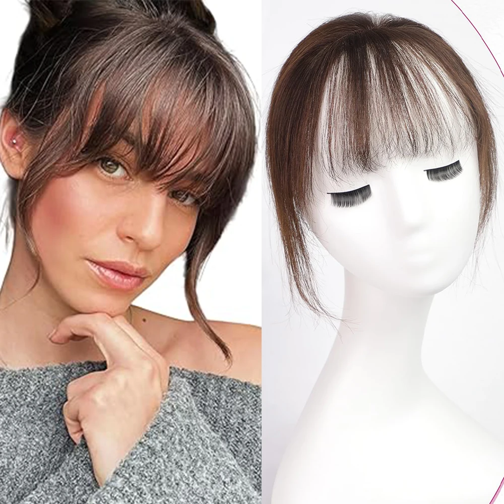 Dark Brown Remy Human Hair Bangs Clips in Hair 100% Remy Human Hairpieces for Women with Thinning Hair Extensions Heat Resistant