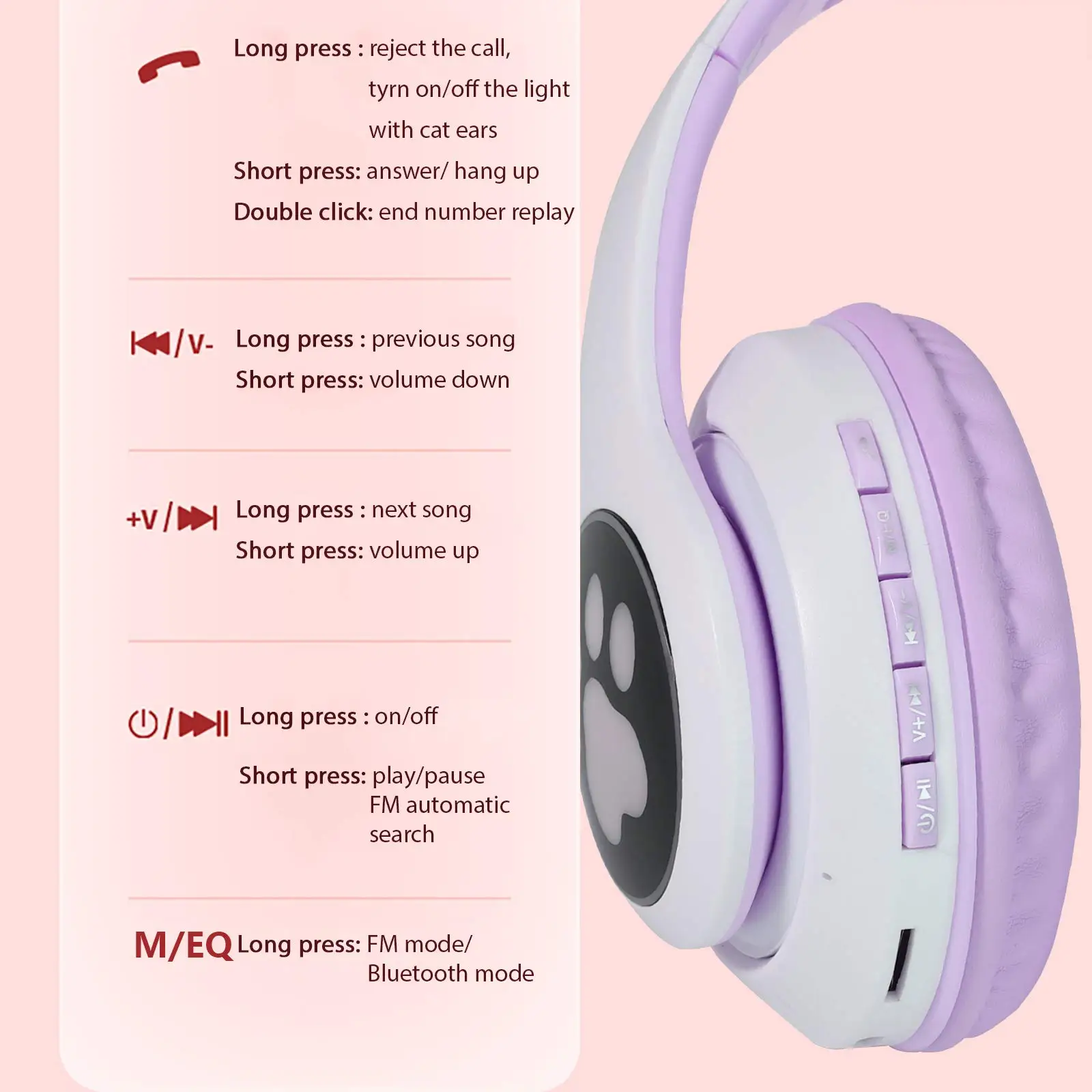 Cute Cat Headphones Bluetooth 5.0 Kids Wireless Headset Mic Led Light Headphones Ipad Laptop Girl Birthday Gift