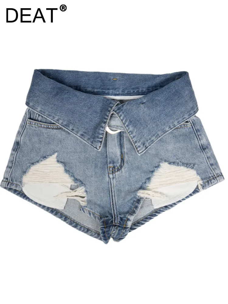 

DEAT Women's Denim Shorts High Waist Slim Wide Leg Patchwork Broken Holes Belt Blue Short Jeans 2024 Summer New Fashion CPG1191