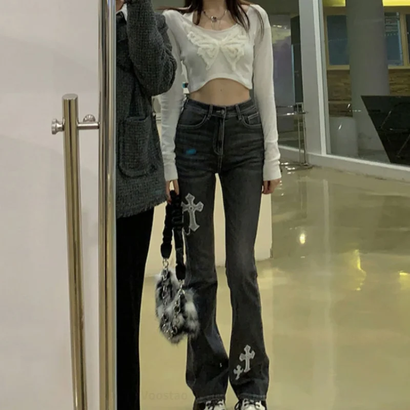 Harajuku Gothic High Waist Chic Denim Pants Women Streetwear Y2k Cross Embroidery Slim Flare Pants Female Vintage Jeans Trousers