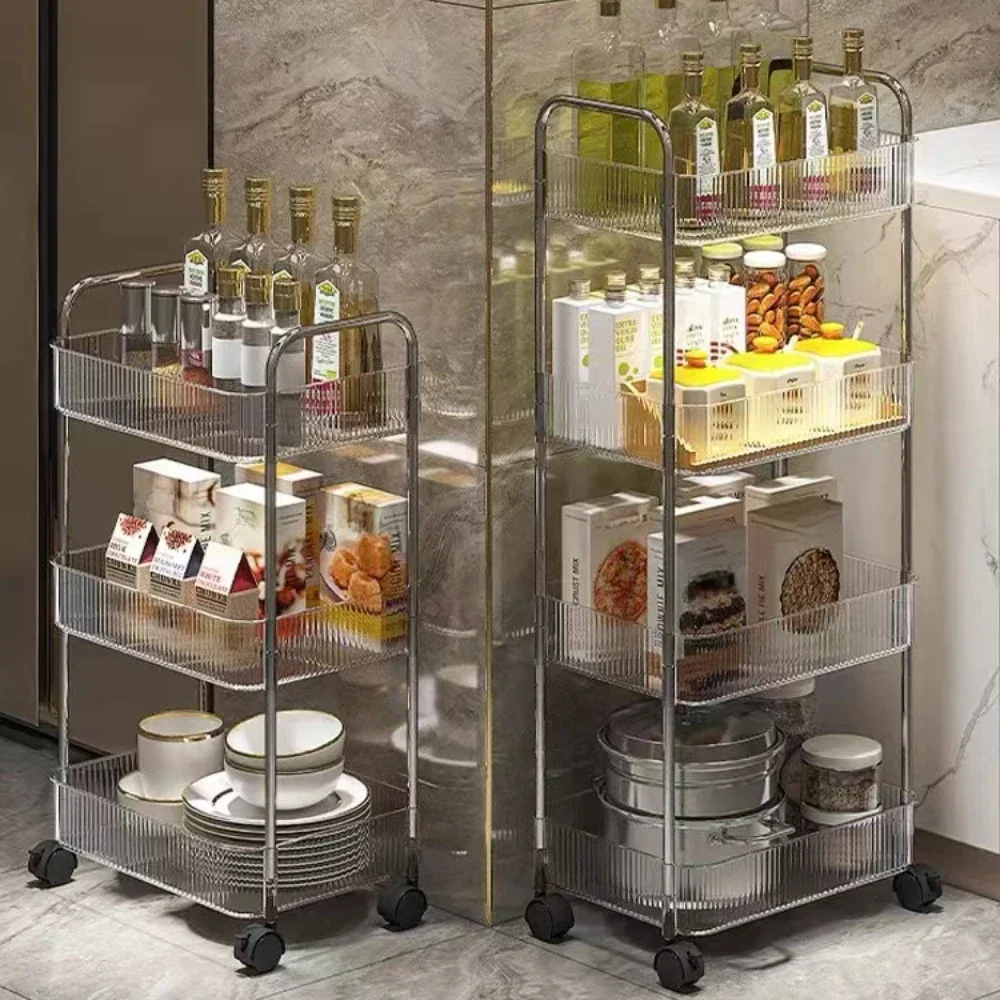 Kitchen Storage Cart Storage Rack Folding Shopping Cart Multi-layer Utility Small Cart Transparent Storage Organizer Cart with Handle Mobile Storage Trolley for Home Snack Cosmetic