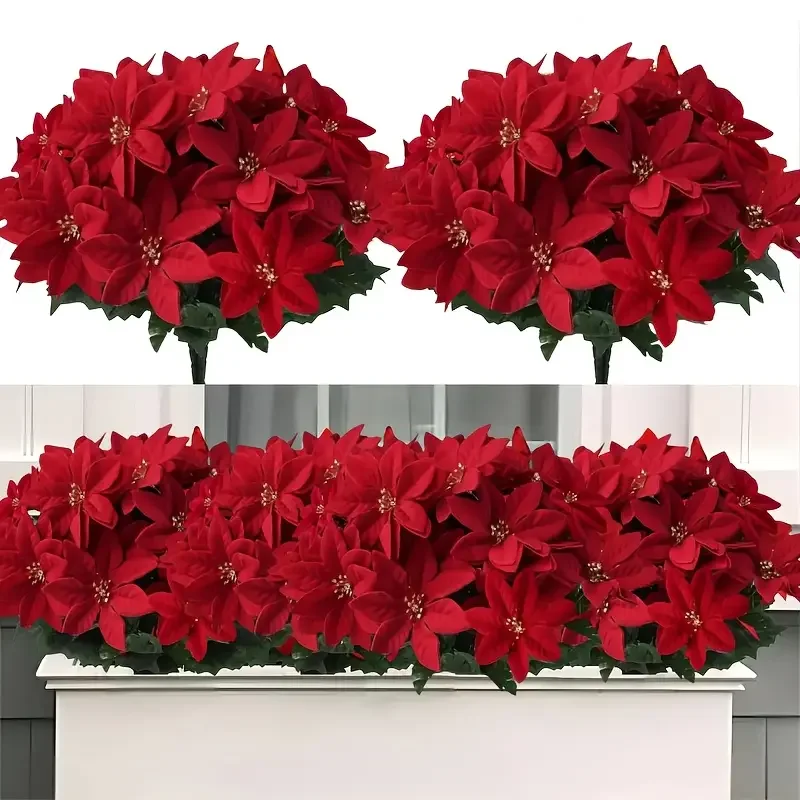 1-5 Bundles Artificial Christmas Flower Red Poinsettia Bouquets for Christmas Home Garden Table Vase Decoration Wedding Flowers