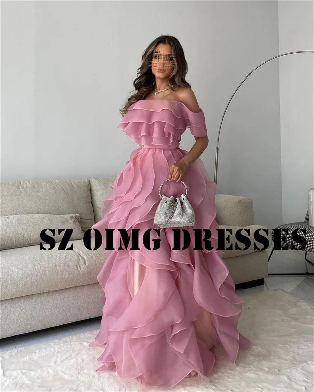 

OIMG New Design Off-Shoulder A-Line Prom Dresses Arabic Women Tiered Short Sleeves Organza Evening Gowns Formal Party Dress