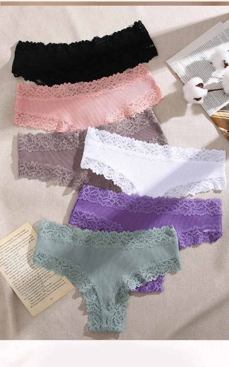 3PCS New women's underwear cotton crotch triangle pants, comfortable and sexy mid waist threaded cotton triangle pants