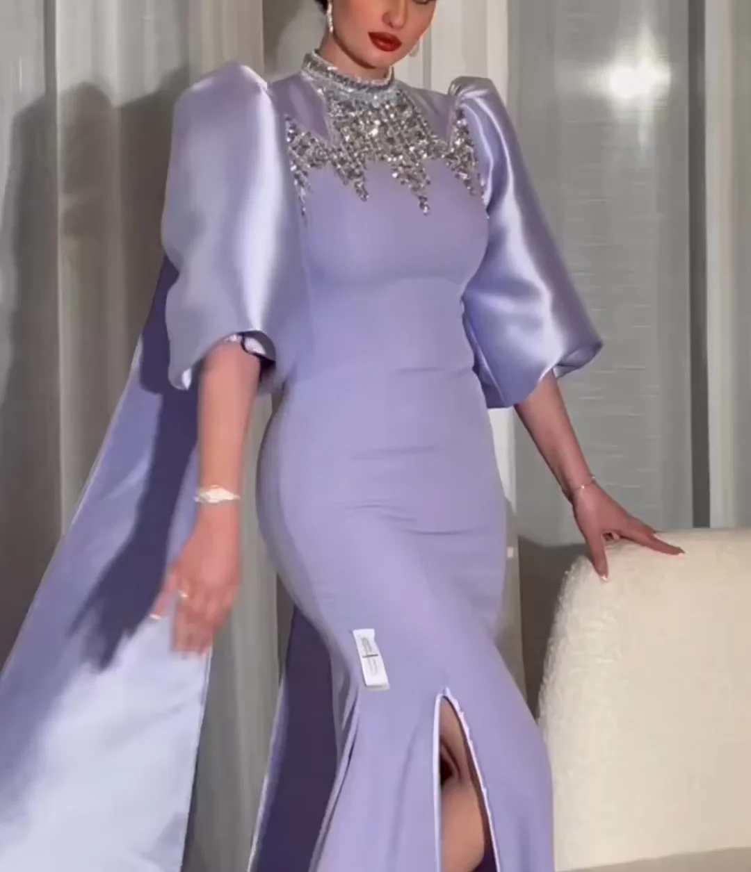 Muslim Grape Purple Luxury Evening Dresses Gowns 2025 High Split Satin For Women Party LA71456