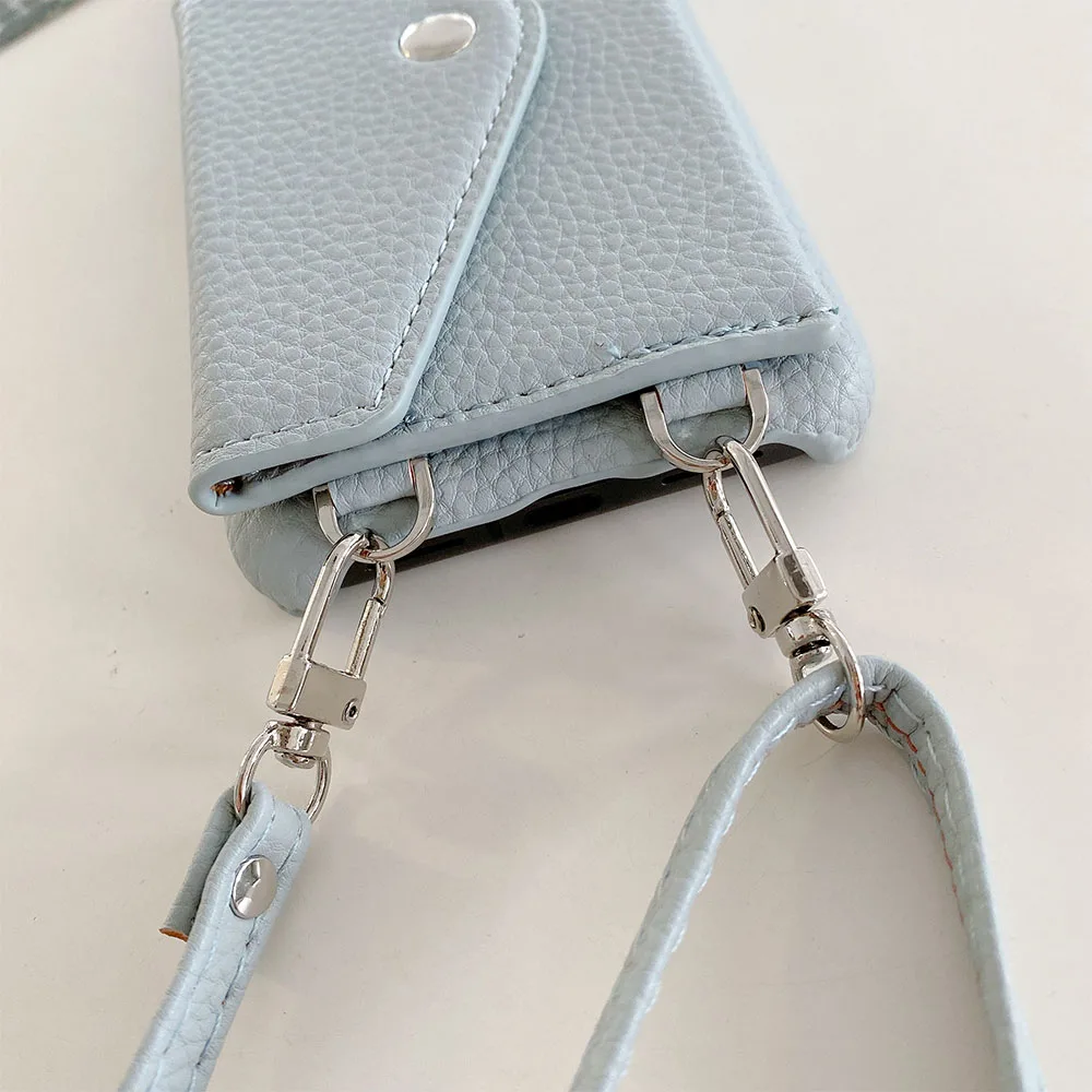 Leather Litchi Wallet Crossbody Case with Card Slots & Shoulder Strap
