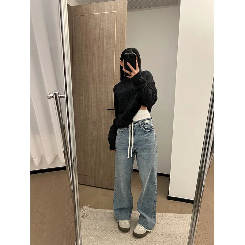 

2024 Early Spring Double Waistband Splicing Design Digital Printed Trouser Legs Frayed Distressed Jeans