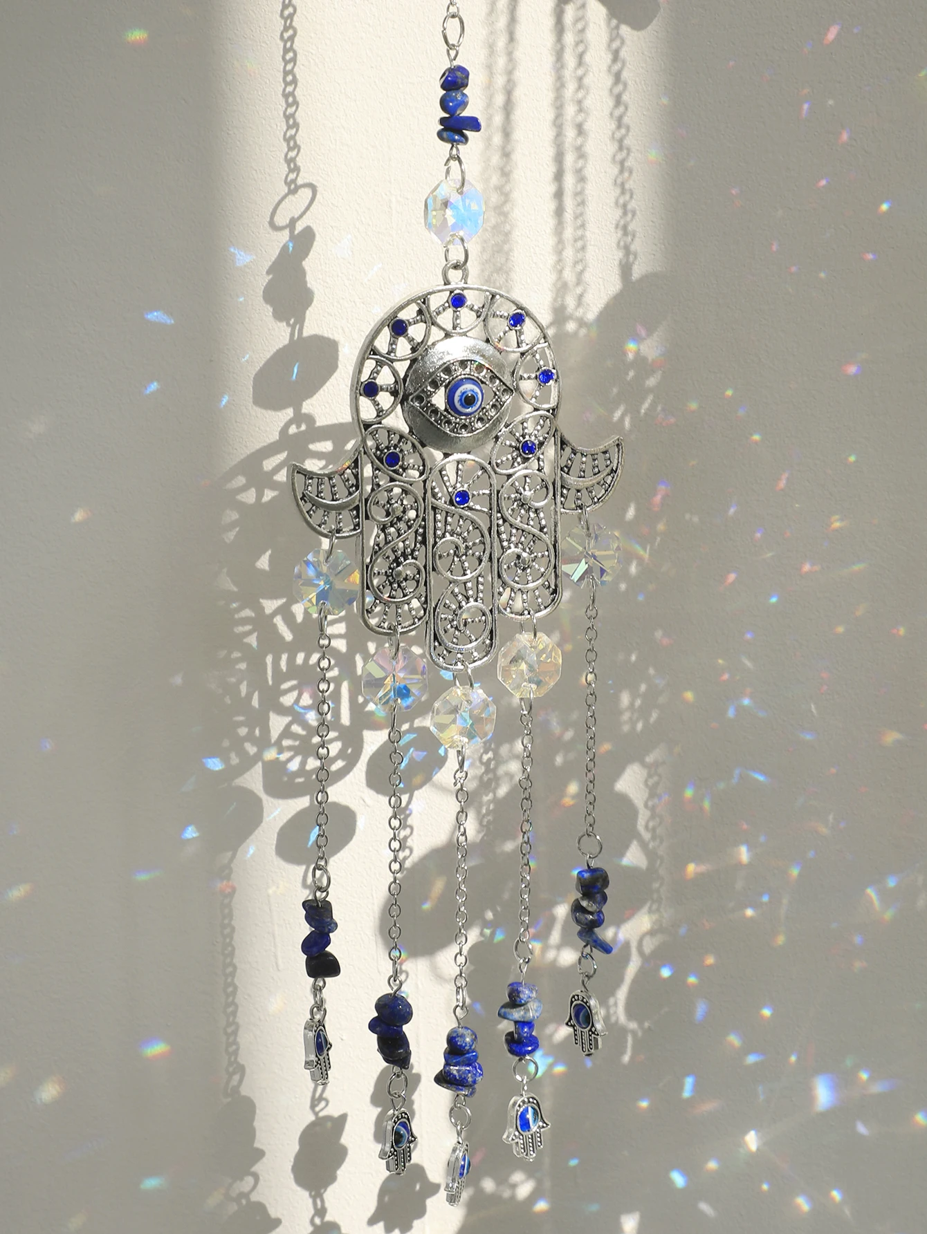 Hanging Crystals Sun Catcher Evil Eye Hamsa Hand Rainbow Maker Chakra Stained Glass Light Catcher Prism Home Garden Decoration 3