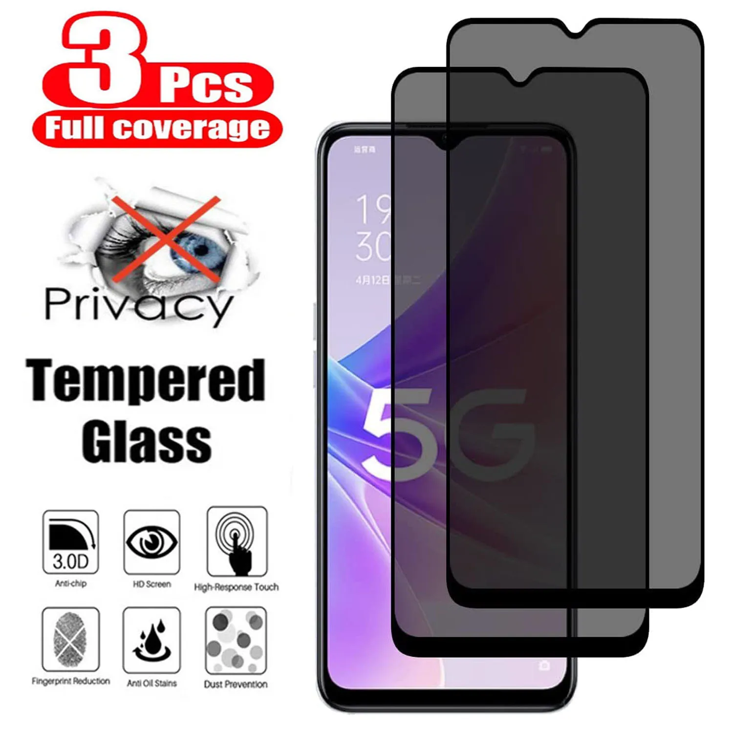 

3Pcs Black Privacy Tempered Glass For Vivo Y72 Y73 Y75 Y76 Y77 S Y52T Y31 Y32 Y33 Y33t Y33e Screen Protector Anti Spy Glass FIlm