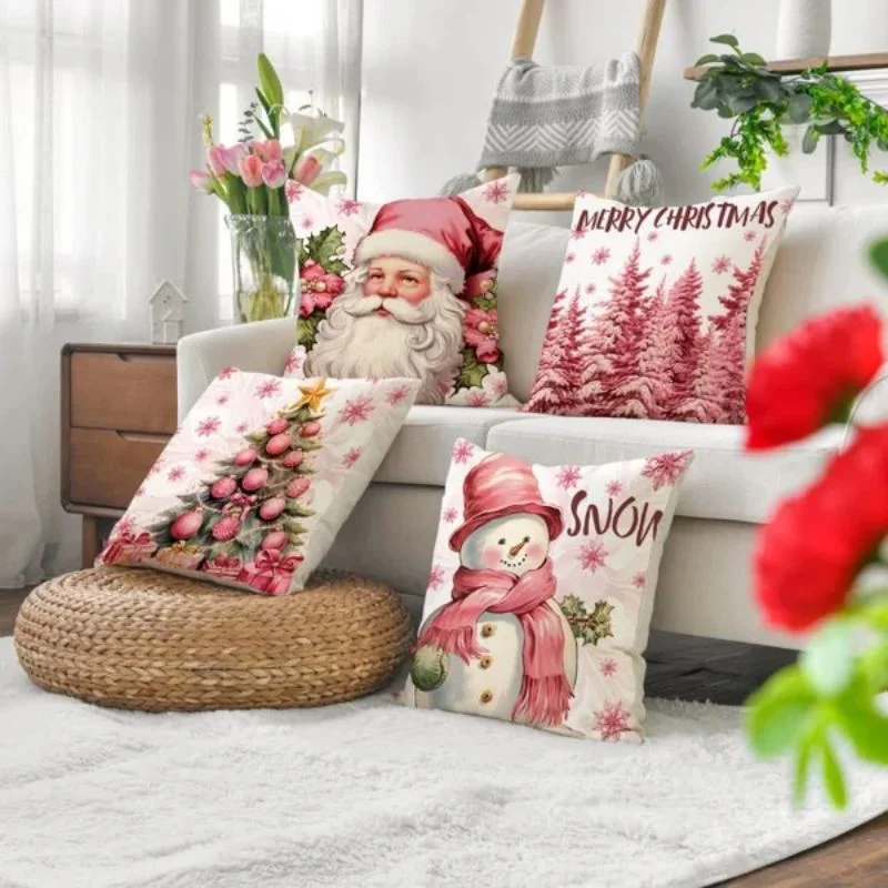 

2023 New Pink Christmas Pillow Covers Cute Christmas Cartoon Print Pillow Cover Father Christmas Pillowcase Home Decor