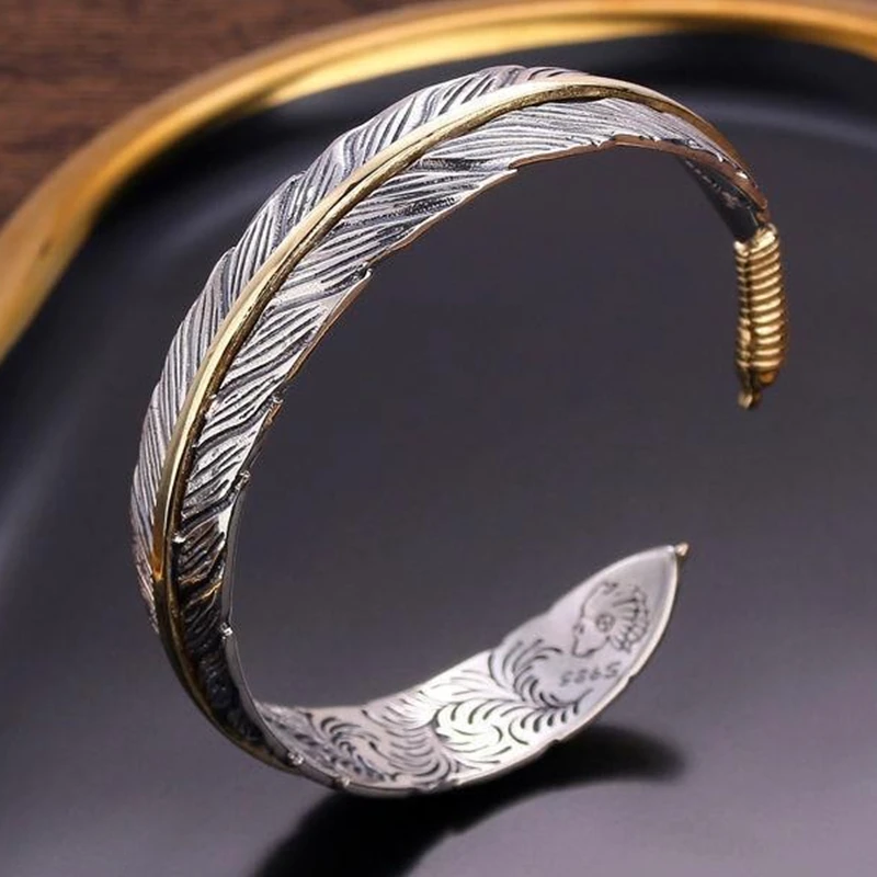 Bangle Bracelet Silver Color Feather Cuff for Men Women Vintage Adjustable