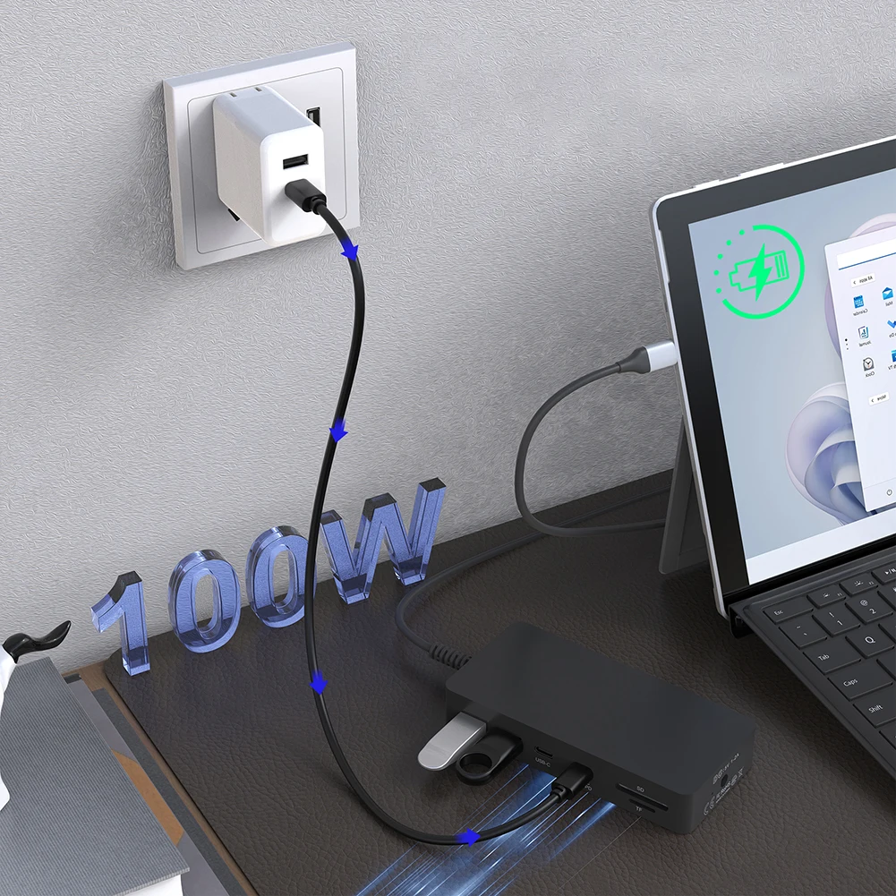 서피스 도크용 11 in 1 파워 포트 타입 C 허브 (3개 USB 포트 + 2개 USB C 포트 PD 100W + 5Gbps 데이터 100Mb/s LAN) 서피스 랩탑 5 호환