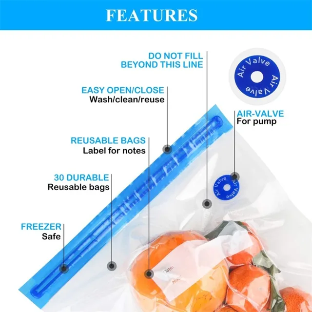 Sac de scellage sous vide réutilisable, pompe à Valve d'air, sac de conservation des légumes et des viandes fraîches, sacs à fermeture éclair pour le stockage des aliments de cuisine 5