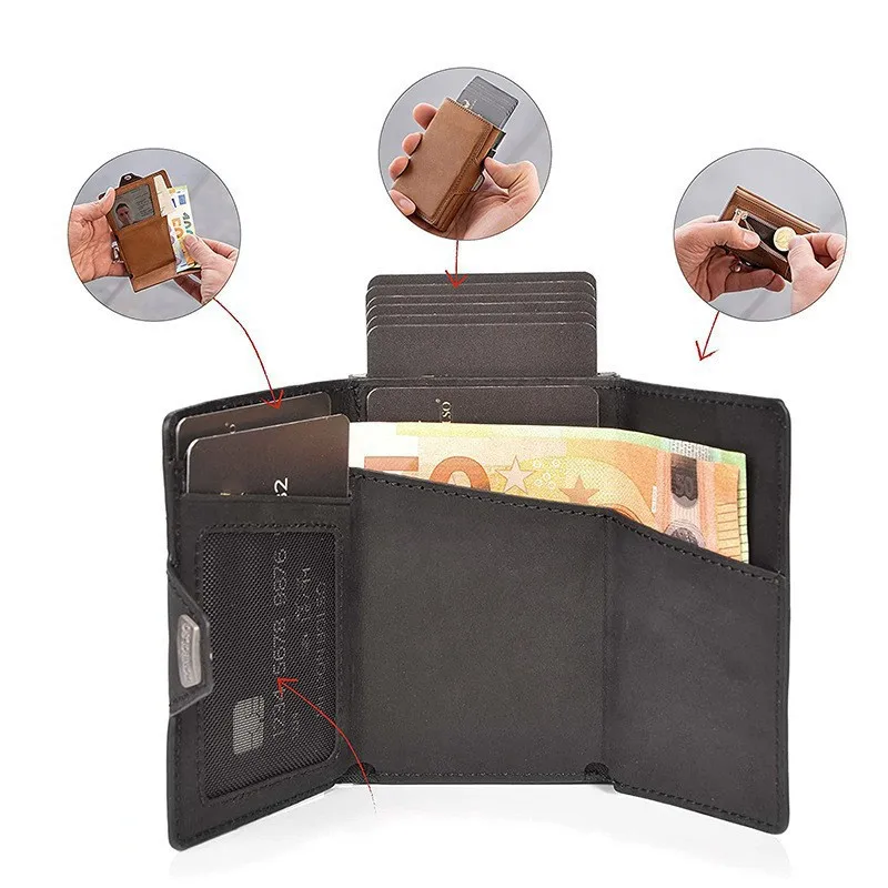 남성용  가죽 RFID 차단 자동 팝업 카드 홀더 지갑 (동전 포켓 포함) 미니 알루미늄 합금 여성용 지갑