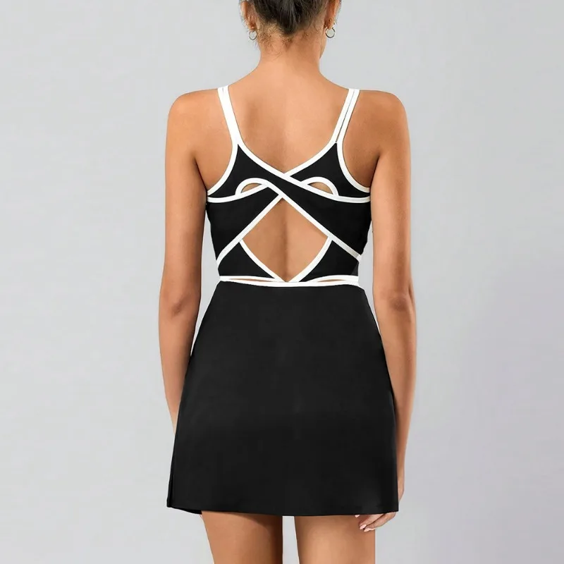 Sean Tsing Women Golf Dress Tennis Sports Patchwork Sleeveless with Bra Pad Shorts Underneath Training Workout Gym Yoga Vestido