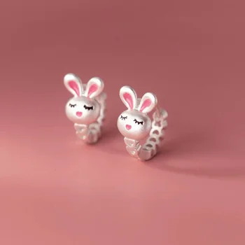 Hot selling new 925 sterling silver frosted cute pink rabbit ear buckle with exquisite temperament and animal earrings ED055