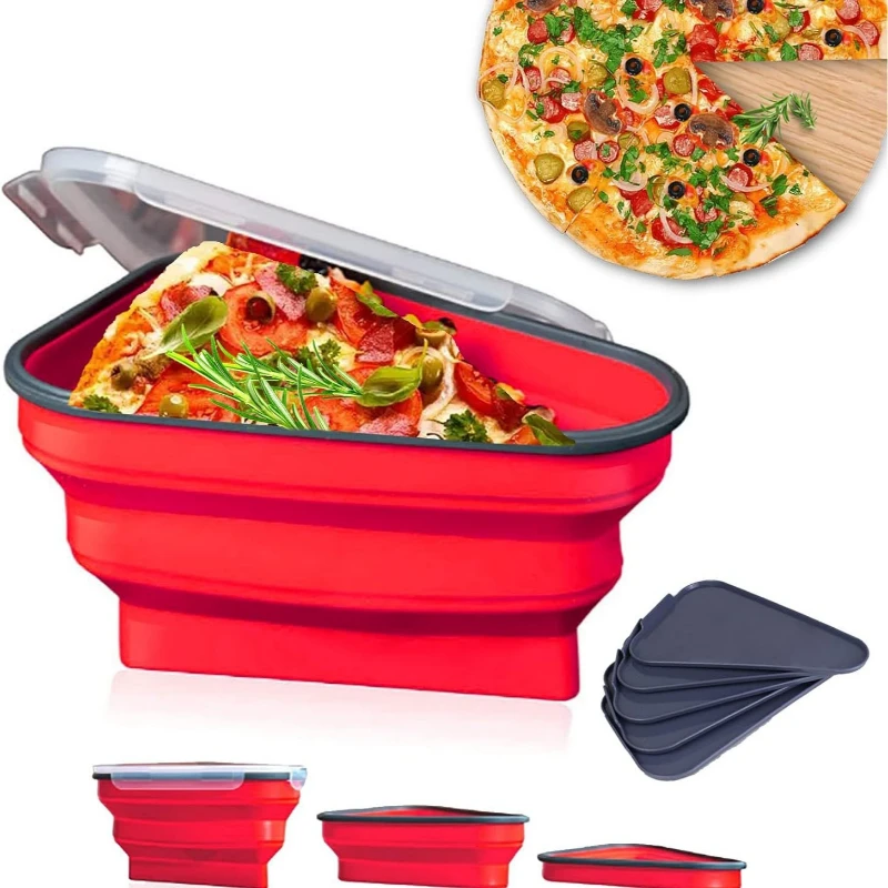 Space Saving Triangular Pizza Box, Heavy Duty Silicone Container with 5 Trays-Collapsible Reusable Commercial Food Packaging
