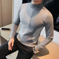 British Style Plaid Knitted Sweater Men's 2024 Spring Autumn Slim Fit Casual Business Pullover Mock Neck Knitwear Men Clothing 1