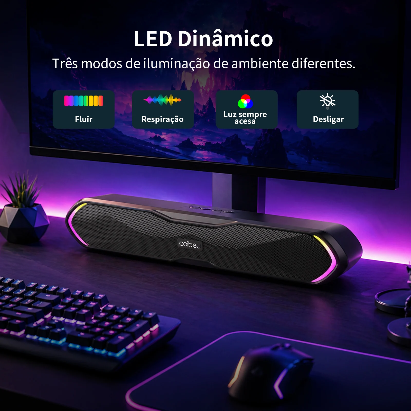 Caixa de Som Bluetooth 5.3 com LED Dinâmico 1200mAh 2x5W Estéreo Bass Reflex USB TF AUX para PC Computador Notebook