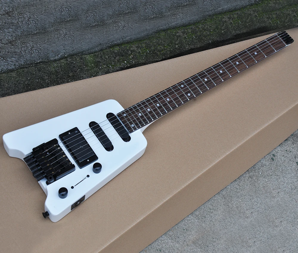 6 Strings White Headless Electric Guitar with Tremolo Bar,24 Frets,Rosewood Fretboard