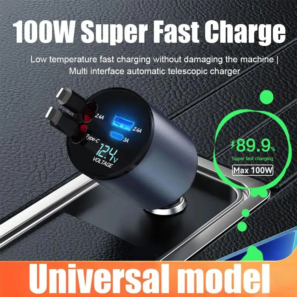 

120w 4in1 Retractable Car Charger Usb 2.4a Port Dp 3a Port Type-c Cable For Fast Charge Cord Cigarette Light Z5m2