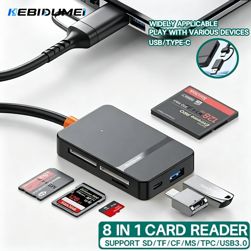 Lector de tarjetas Kebidumei USB C 8 en 1, lector de tarjetas multifuncional, compatible con lectura de tarjetas SD/TF/CF/MS, lectura y escritura de tarjetas Flash U Disk a 5Gbps