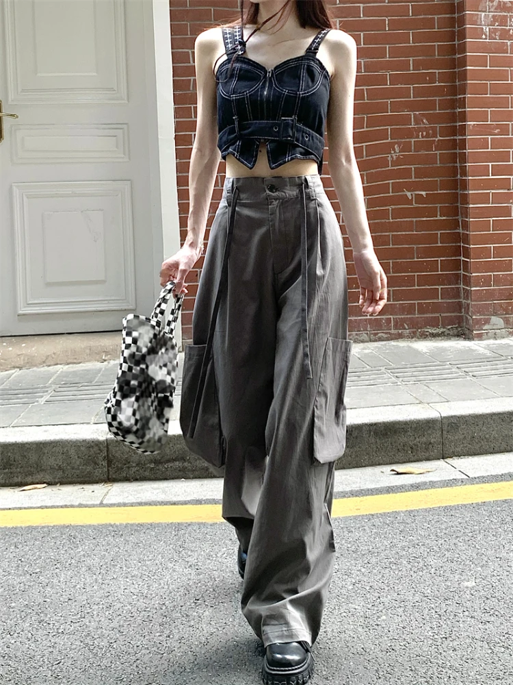 Streetwear Baggy Jeans Woman Wide Leg Drawstring Cargo Pants Vintage Korean Style Denim Trousers High Waist 2023 Summer Casual