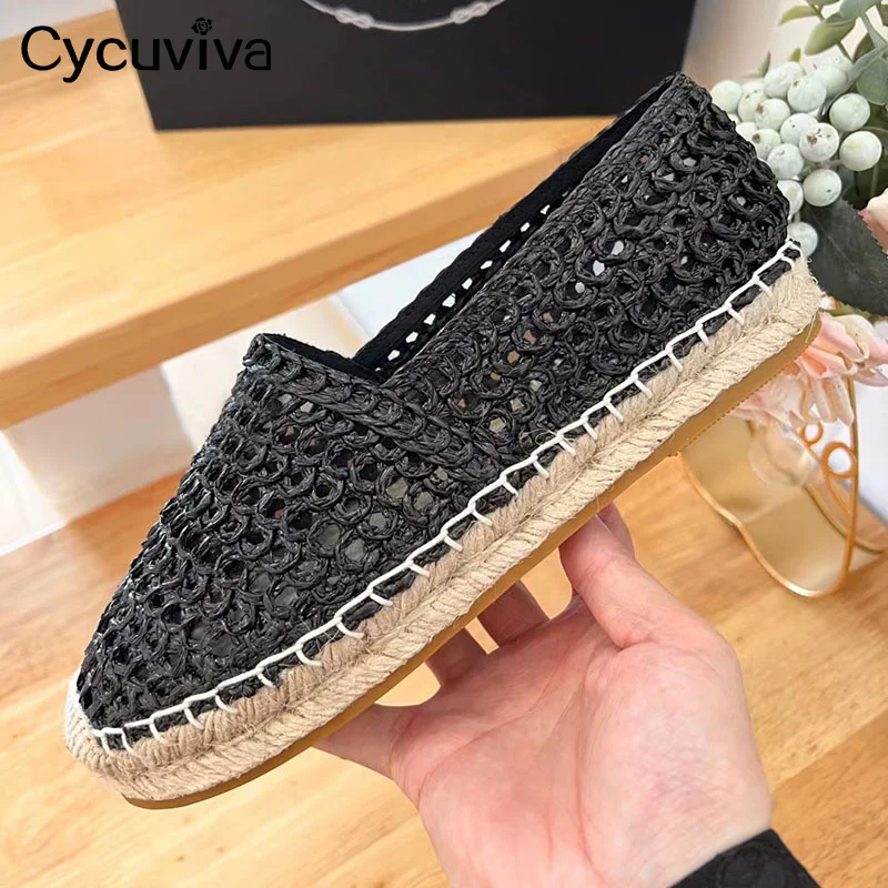 

Round Toe Hollow Out Flat Shoes Women Hemp Rope Thick Sole Slip On Casual Outdoor Fisherman's Shoes Vacation Walk Driving Shoes
