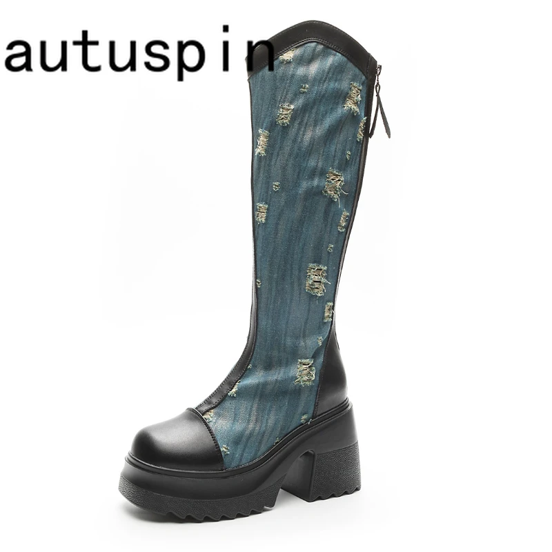 

Autuspin Fashion Women Knee High Boots Four Season Splicing Genuine Leather Ladies Office Thick Heels Denim Back Zipper Shoes