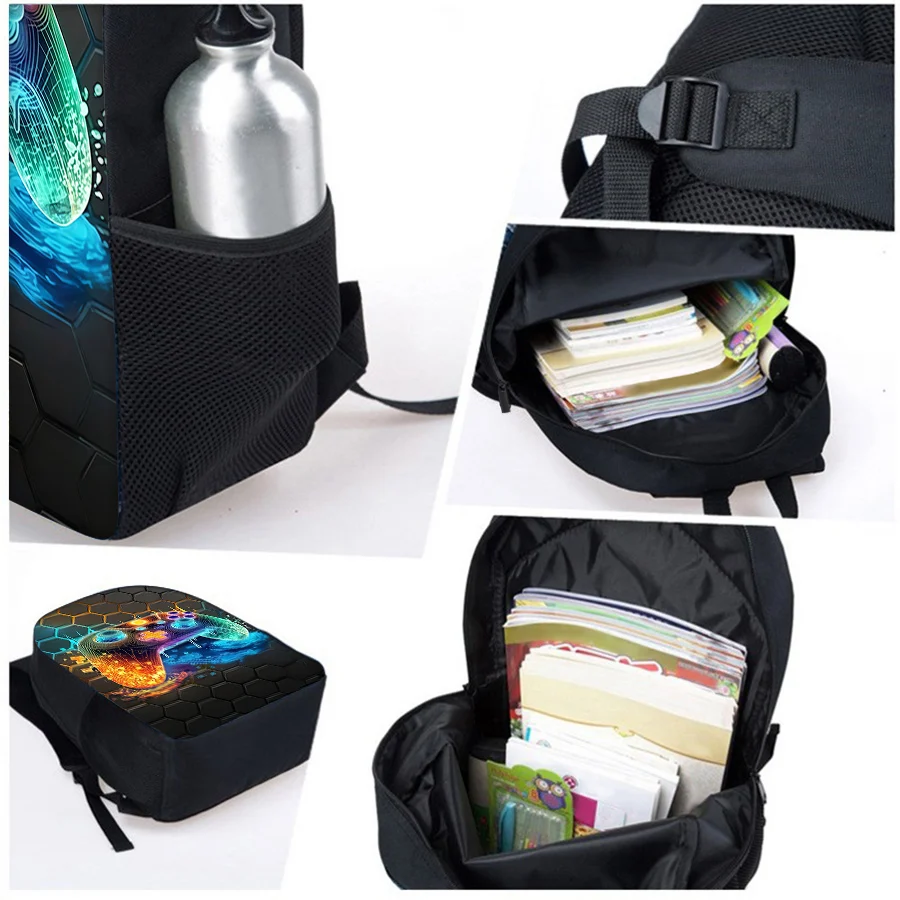 3D game controller cartoon print detail on kids school backpack