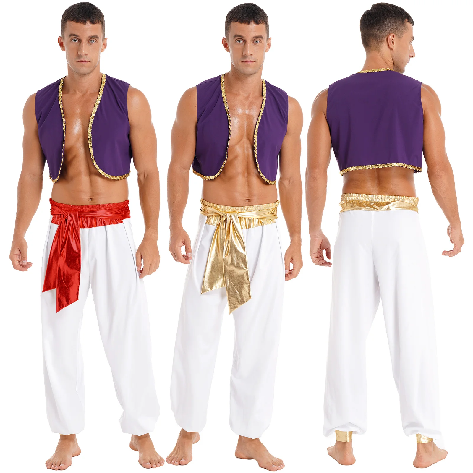 

Mens Halloween Costume Mythical Prince Aladin Carnival Carnival Cosplay Party Outfit Sequin Trim Waistcoat with Belted Pants