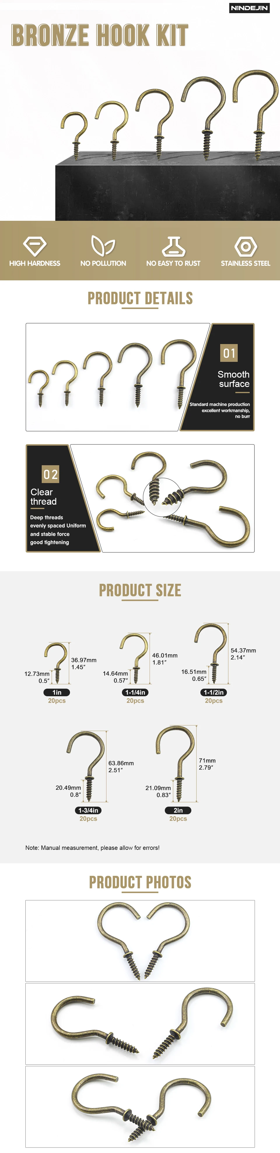 NINDEJIN Bronze-Schraubhaken, 1/2 Zoll, 3/4 Zoll, 1 Zoll, Kohlenstoffstahl, robust, 5,1 cm, einschraubbare Küchenbecher-Wand-Deckenhaken zum Aufhängen von Pflanzenlicht – Detail 2