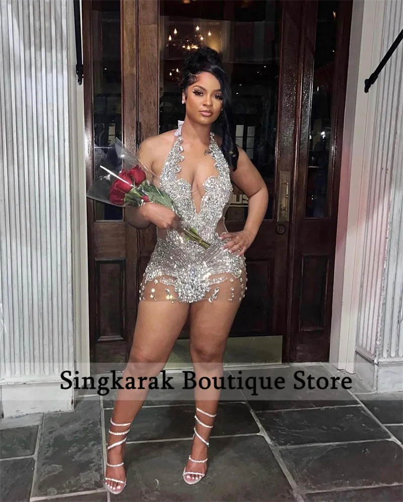 

Sexy Silver Diamonds Short Prom Dresses 2024 Halter Sparkly Beading Crystal Rhinestones Birthday Cocktail Party Graduation Gown