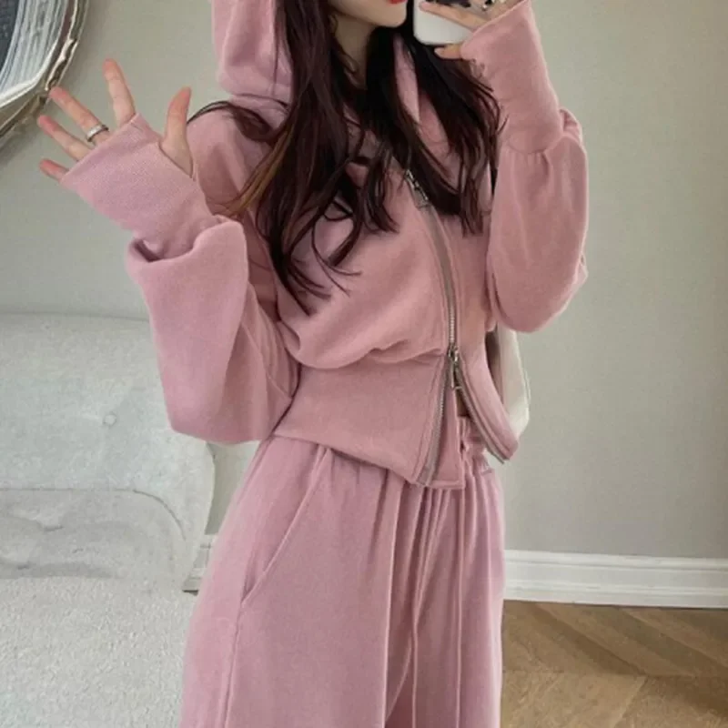 New Fashion Women Short Sweatshirt Pants Set Autumn Loose High-waisted Hoodie Double Zipper Trend Women's Casual Two-piece Set
