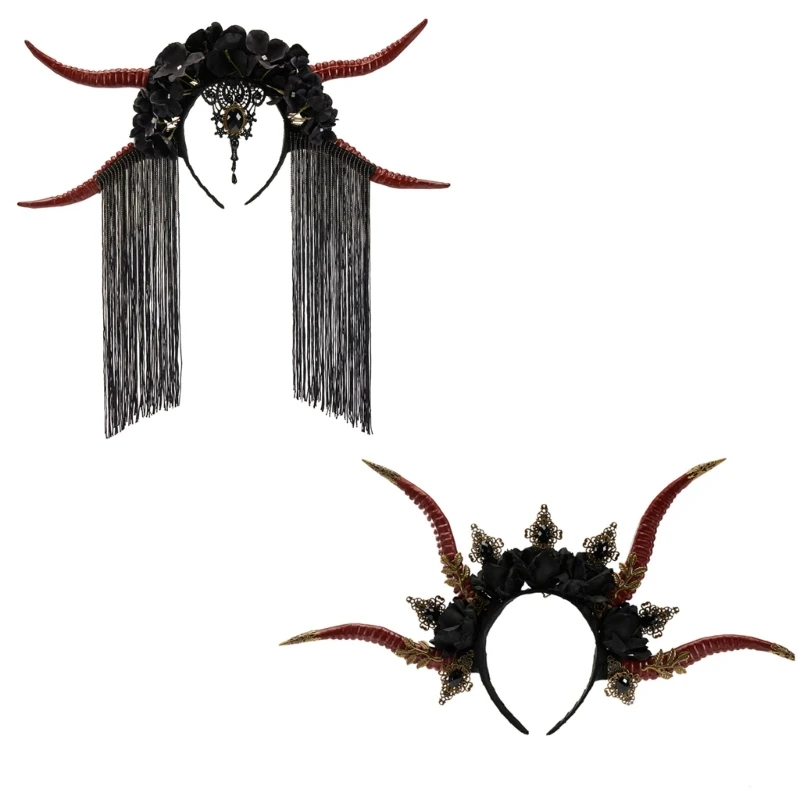

Готическая повязка для волос с рогом дьявола, диадема с цветком, повязка на голову для девочек, обруч для волос на Хэллоуин,
