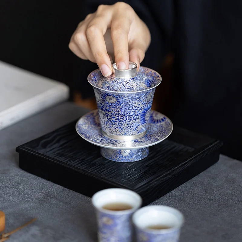125ML Ceramics Gilded Silver Sunflower Gaiwan Handmade Household Kung Fu Tea Set Tea Bowl Cup Tureen Pot Gift Box