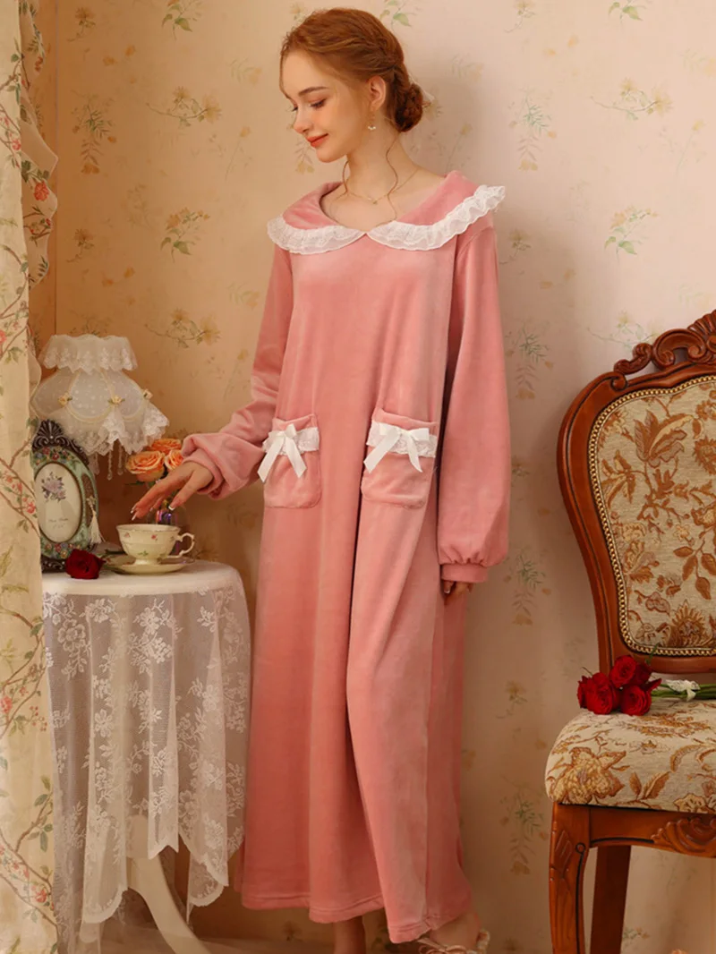 

Women Autumn Winter Coral Velvet Nightdress Flannel Sweet Girls French Long Sleeve Sleepwear Vintage Princess Pajamas Nightgowns
