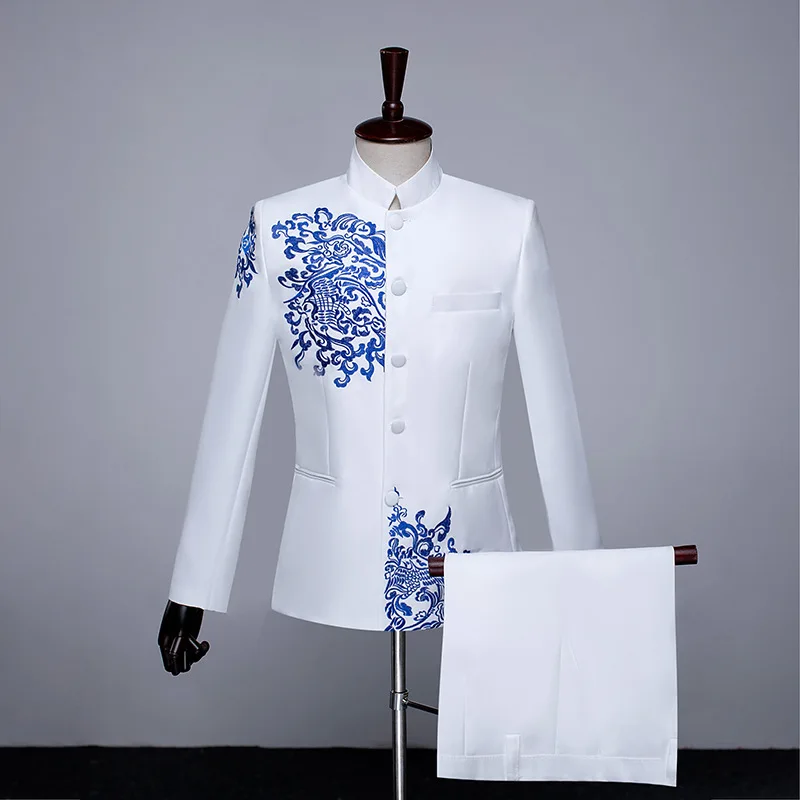 Men Standing Collar Embroidered Suit 2 Piece Fashion Male Business Social Wedding Prom Stage Performance Dress Blazer Pant