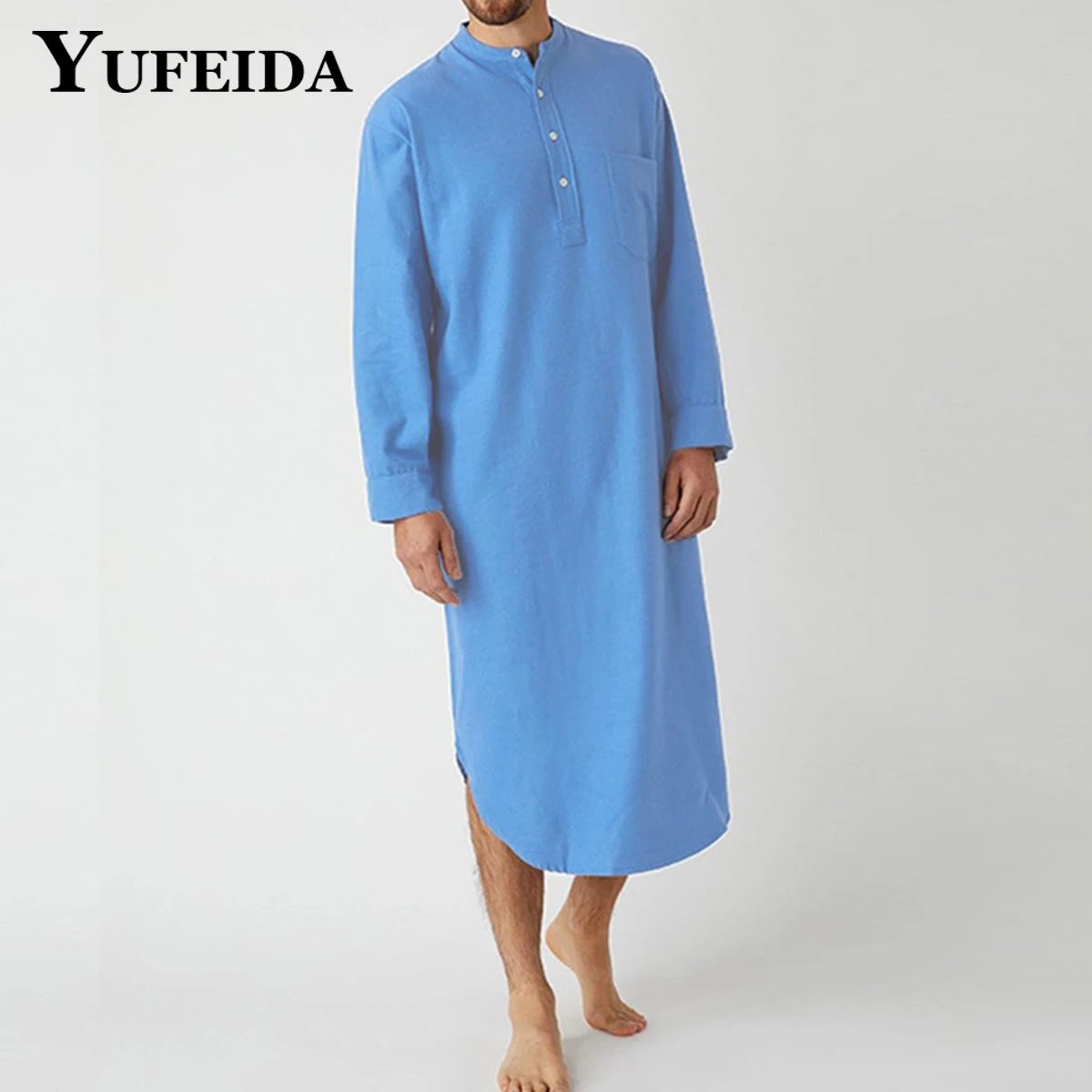 YUFEIDA Casual Plus Size Men's Sleep Robes Solid Color Long Sleeve