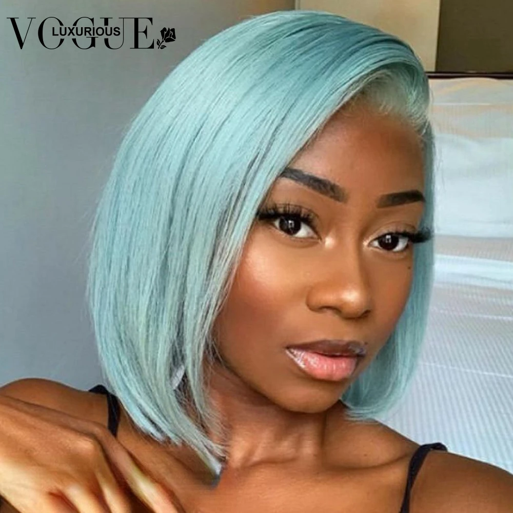 

Light Blue Brazilian Virgin Human Hair Glueless Wigs Preplucked 613 Colored HD Lace Front Wig for Women Indian T Part Short Bob